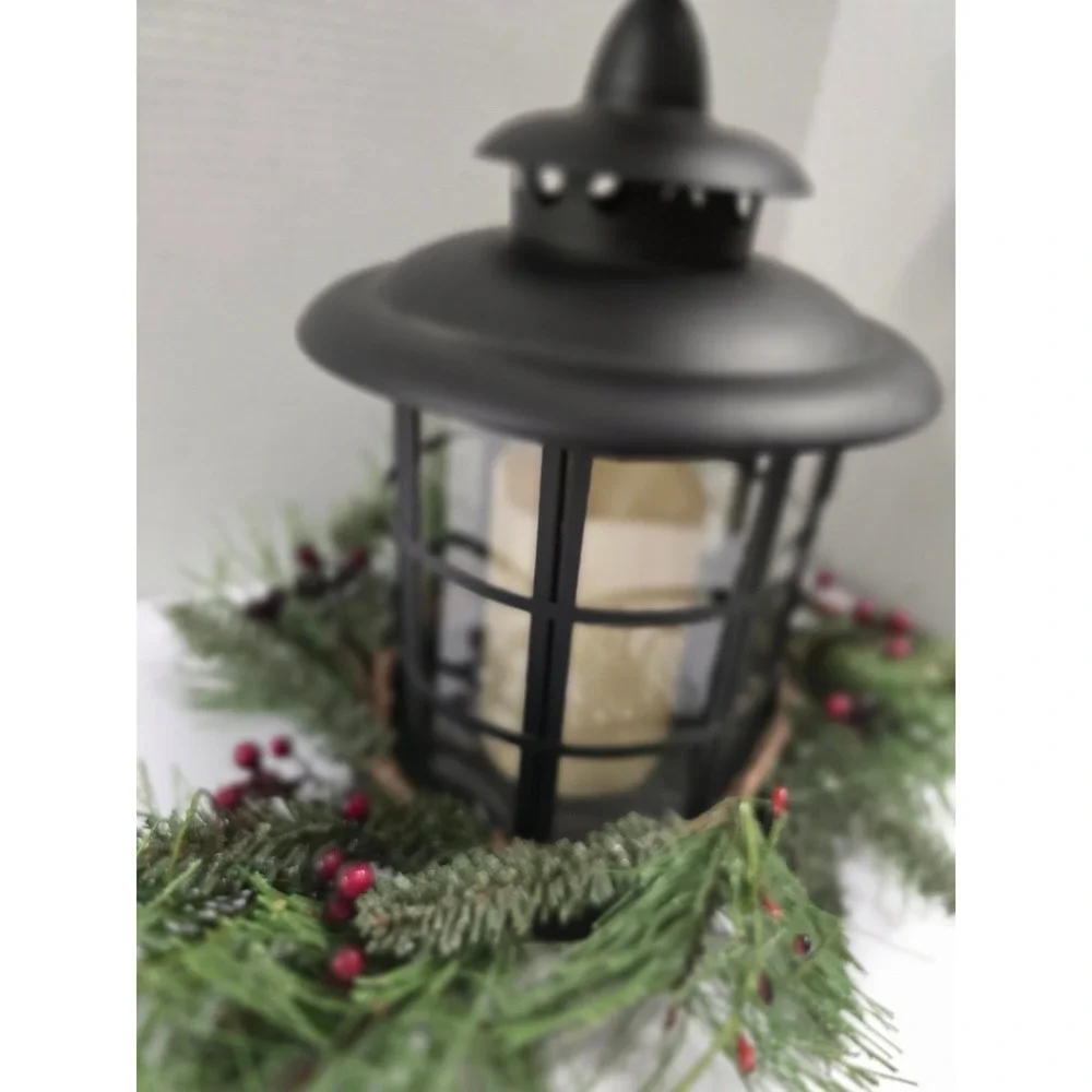 Black Metal Christmas Lantern LED Flameless Candle Evergreen Berry